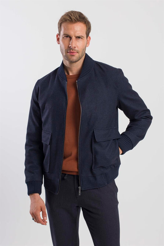 Navy Comfort Fit College Collar Striped Jacket