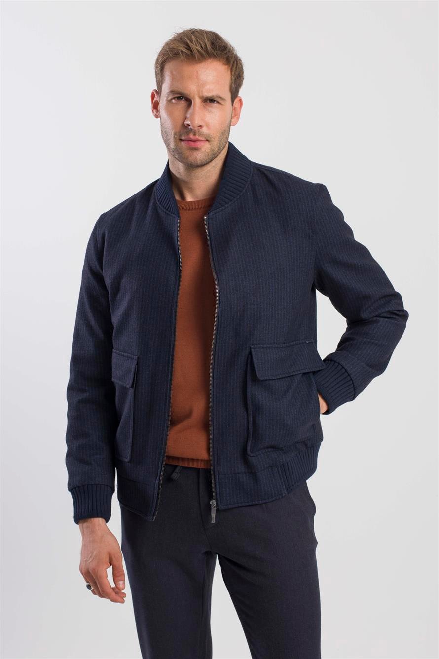 Navy Comfort Fit College Collar Striped Jacket