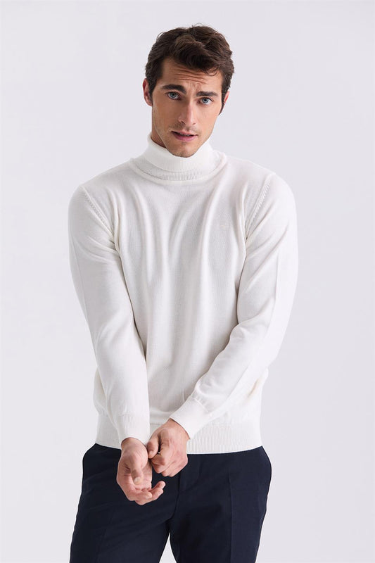 Ecru Slim Fit Full Sailor Collar Knitted Sweater
