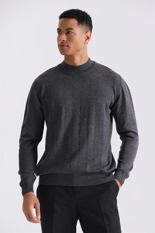 Antrasit Classic Fit Half Sailor Collar Knitted Sweater With Pattern