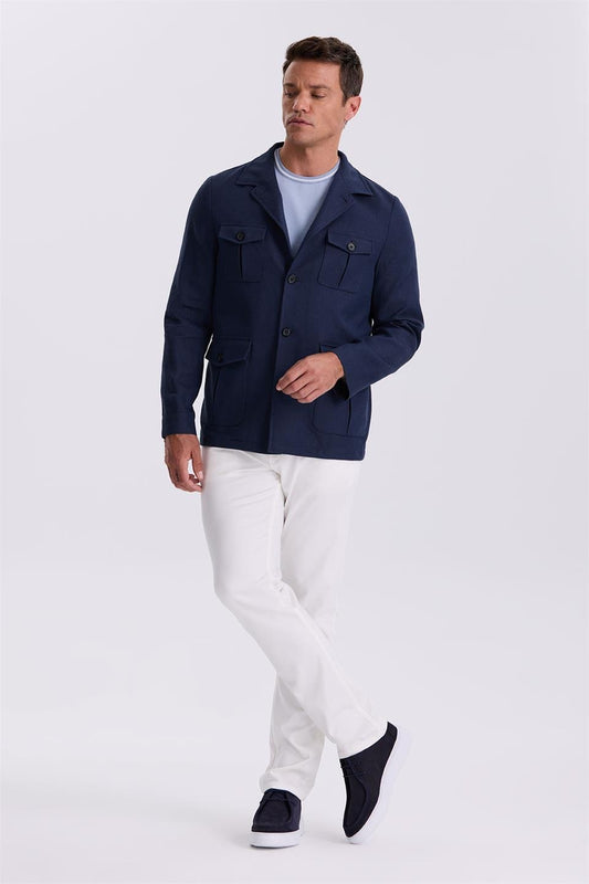 Navy Slim Fit Pocketed Linen Cotton Seasonal Safari Jacket