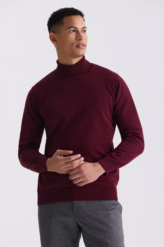 Maroon Slim Fit Full Sailor Collar Knitted Sweater