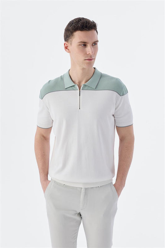 Mint White Slim Fit Polo Collar with Zipper