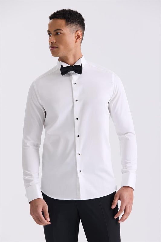White Slim Fit 100% Cotton Wing Collar With Buttons