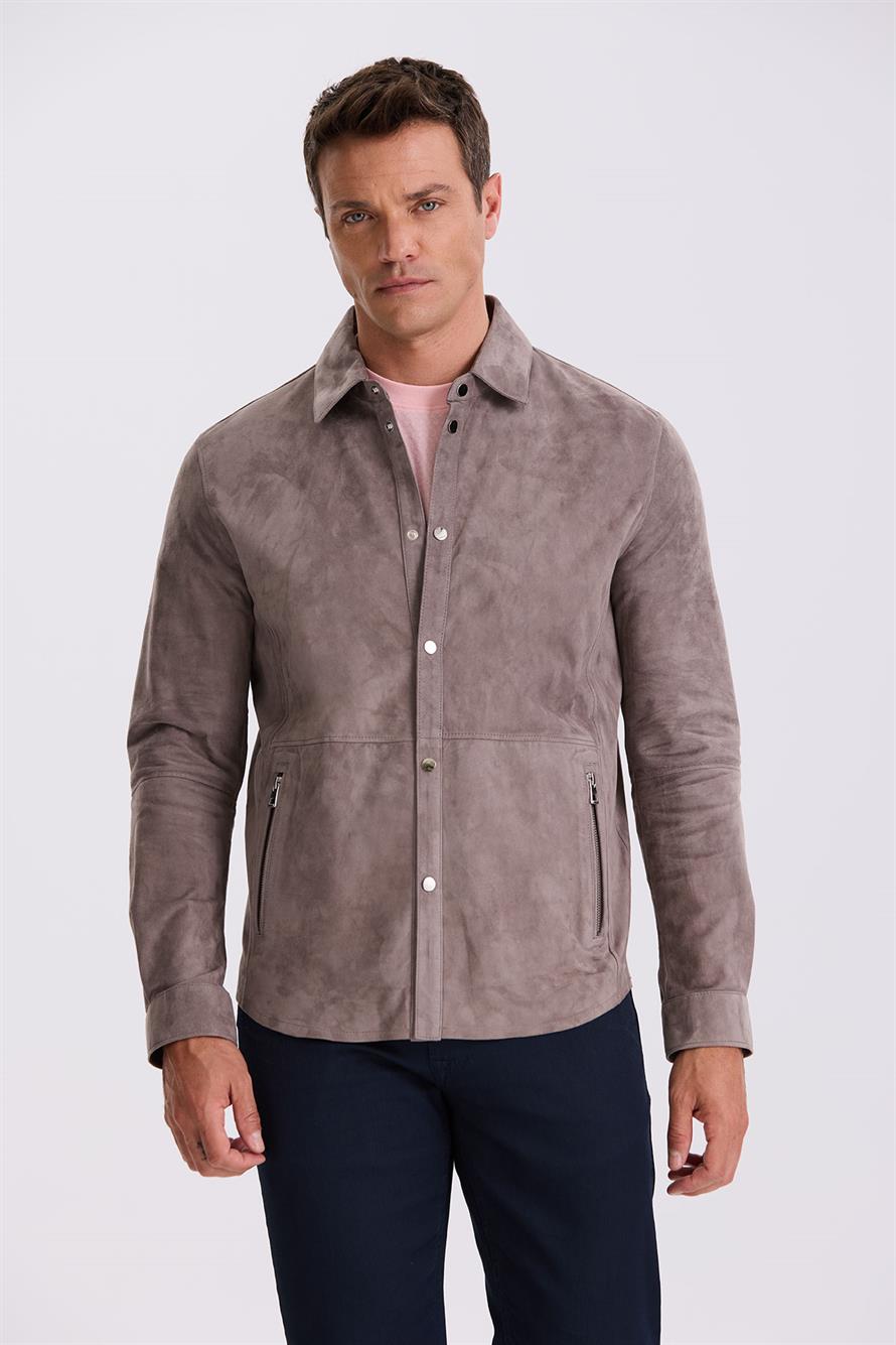 Dark Grey Comfort Fit Shirt Collar 100% Leather Sweater Jacket