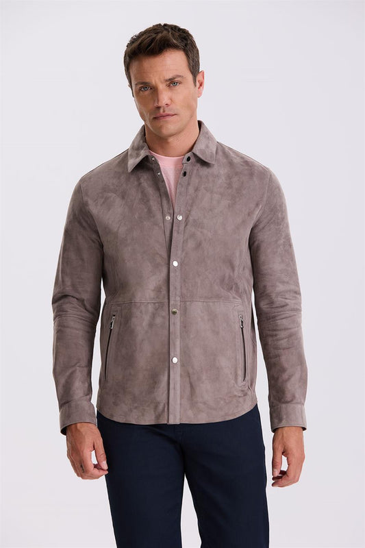 Dark Grey Comfort Fit Shirt Collar 100% Leather Sweater Jacket