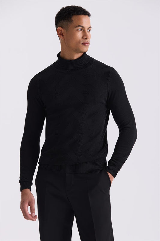 Black Slim Fit Full Sailor Collar Knitted Sweater With Pattern