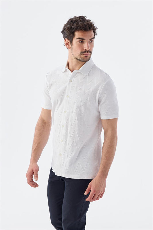 Ecru Slim Fit Shirt Collar T Shirt.