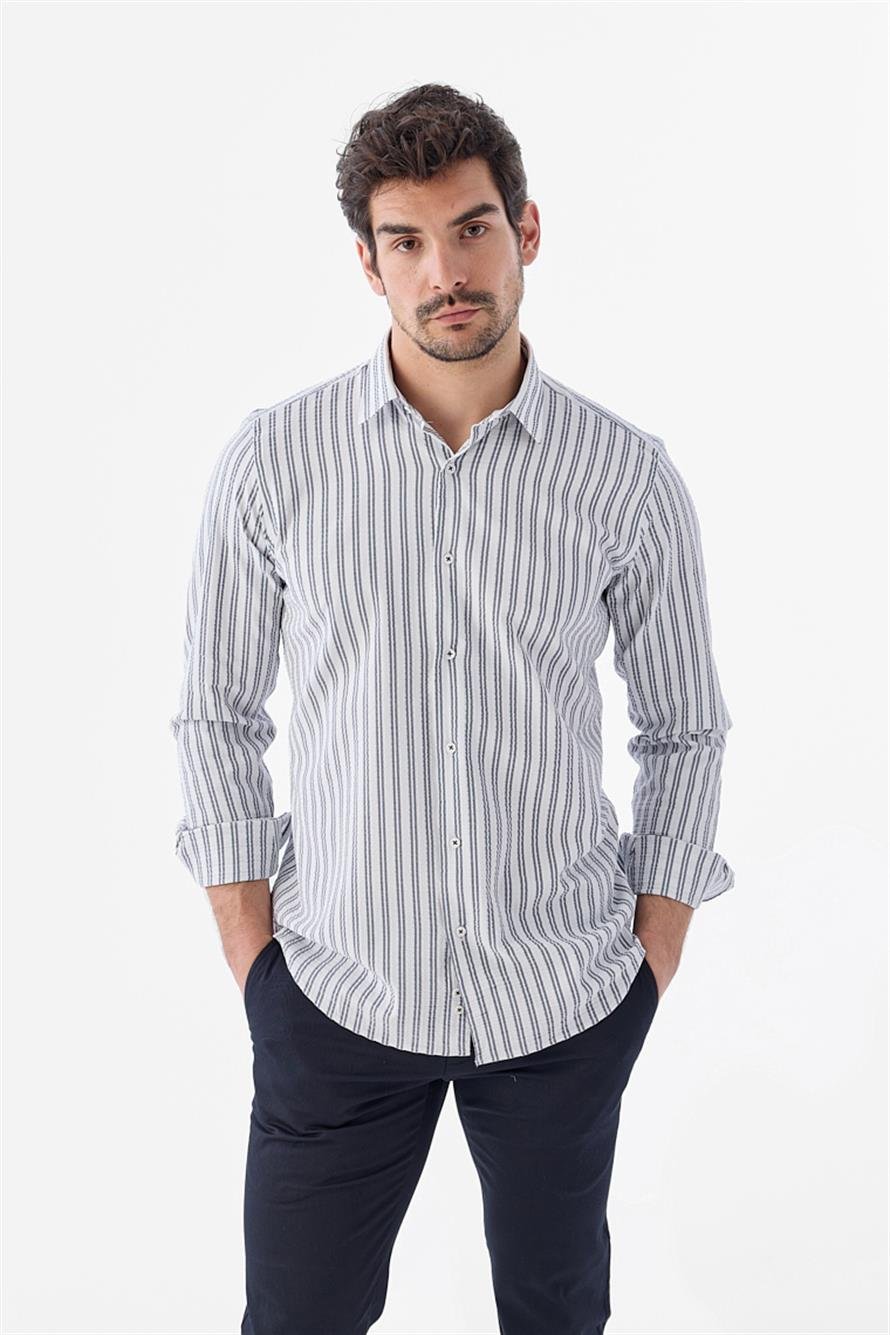 Dark Navy Comfort Fit Sports Shirt With Patterned Elastic Fabric Cotton
