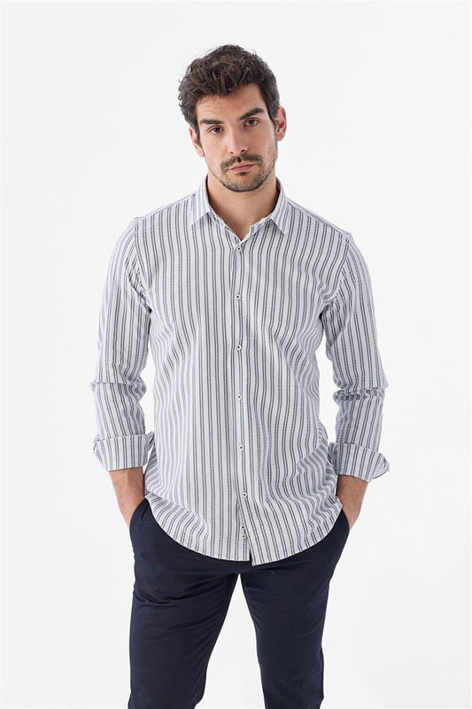 Dark Navy Comfort Fit Sports Shirt With Patterned Elastic Fabric Cotton