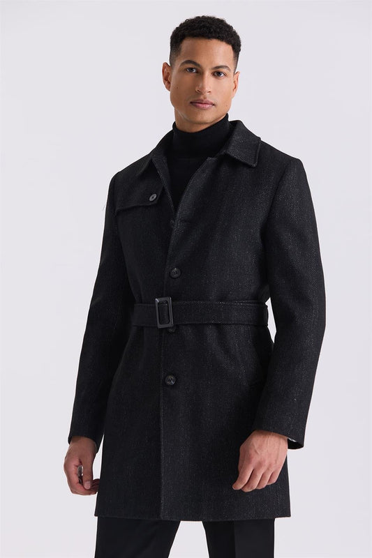 Black Comfort Fit Shirt Collar Fish Back With Patterned Belt Wool Jacket