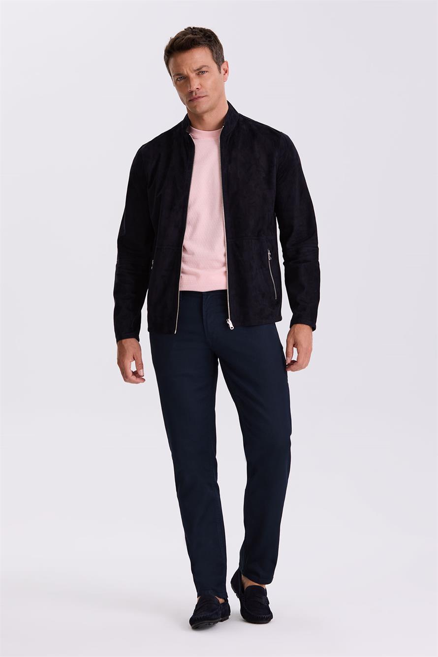 Navy Comfort Fit Leather Jacket With A Double Collar