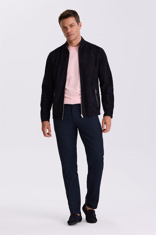 Navy Comfort Fit Leather Jacket With A Double Collar