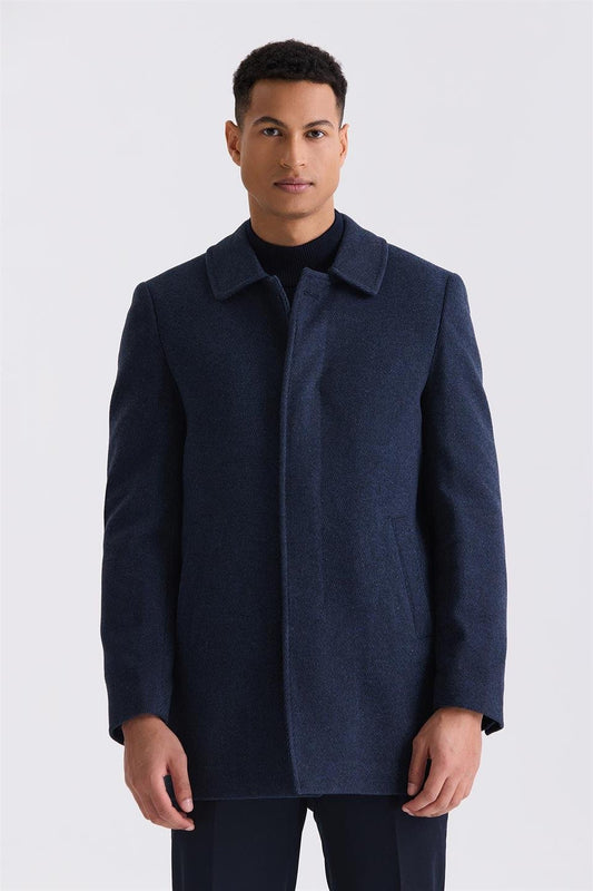 Navy Classic Fit Shirt Collar Wool Jacket With A Striped Pattern