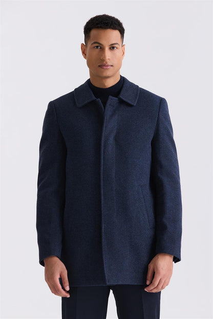 Navy Classic Fit Shirt Collar Wool Jacket With A Striped Pattern