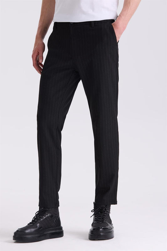 Black Slim Fit Striped Canvas Trousers