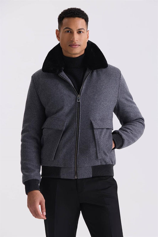 Grey Regular Fit Collar Furry Winter Bloated Jacket