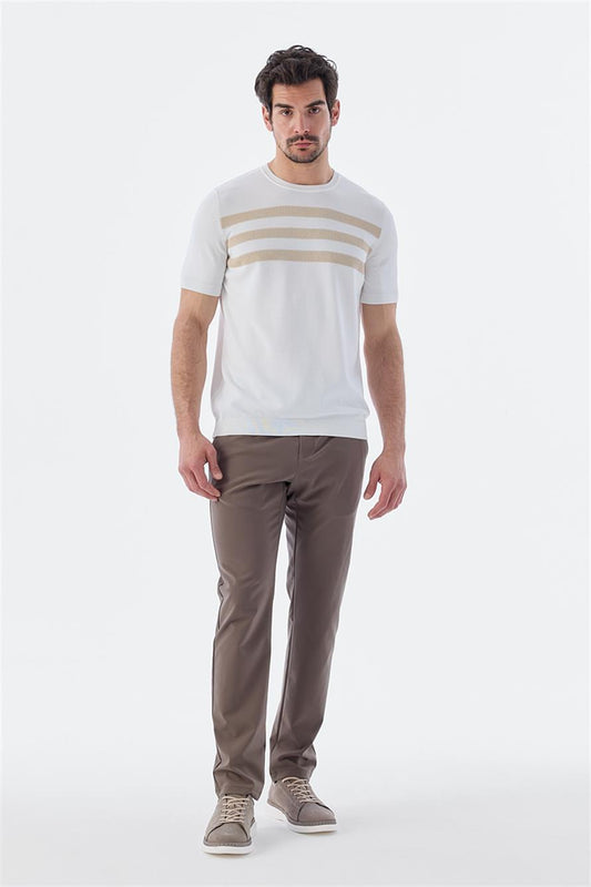 White Slim Fit Round Collar Knitted T Shirt With Pattern