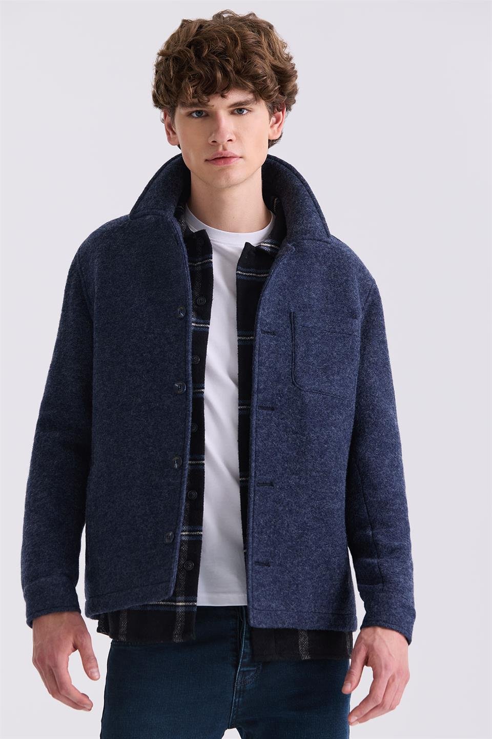 Navy Slim Fit Shirt Collar Woolly Collar Jacket