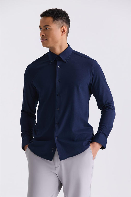 Navy Comfort Fit Sports Shirt With Pattern