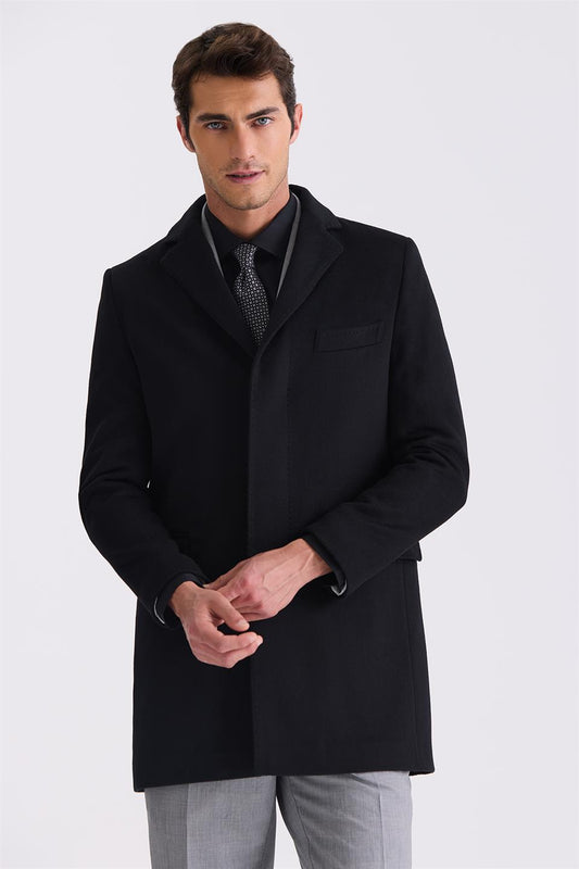 Black Regular Fit Single Collar Woolly Collared Jacket