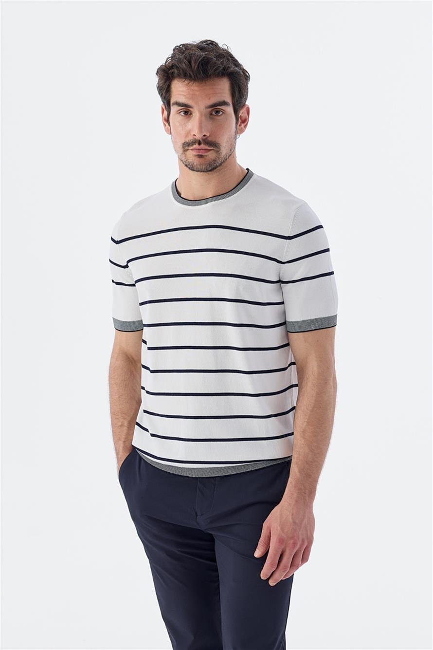 White Navy Slim Fit Round Collar Striped Knitted T Shirt