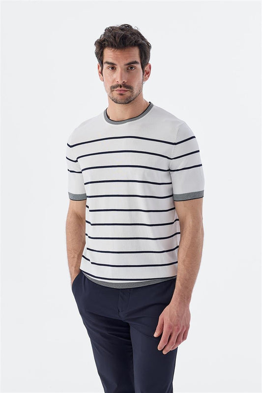 White Navy Slim Fit Round Collar Striped Knitted T Shirt