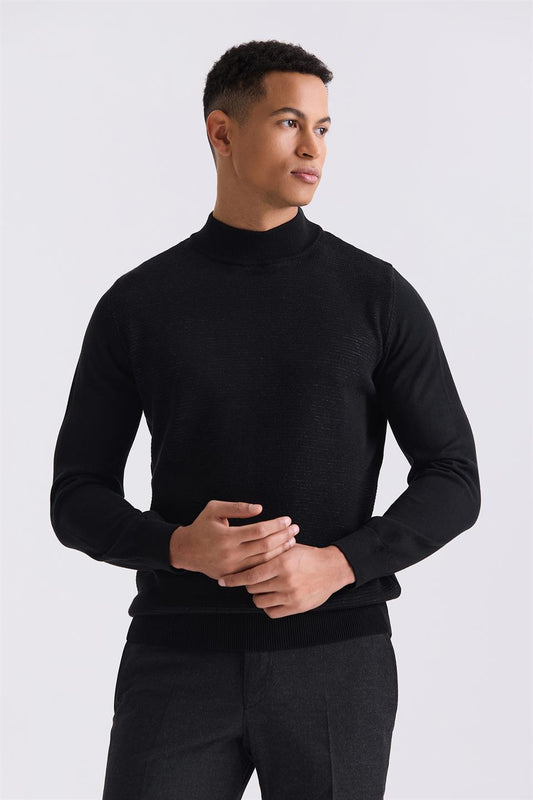 Black Slim Fit Half Sailor Collar Knitted Sweater