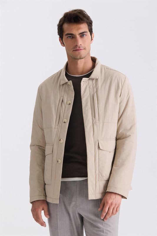 Beige Comfort Fit Shirt Collar And Jacket