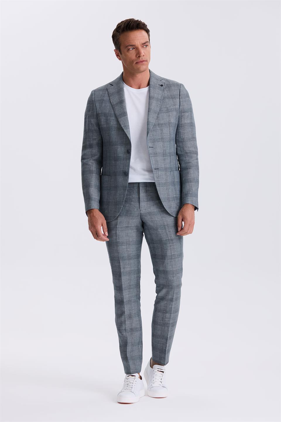 Navy Slim Fit Single Collar Kareli Bag Pocketed 100% Linen Suit With A Wide Collar