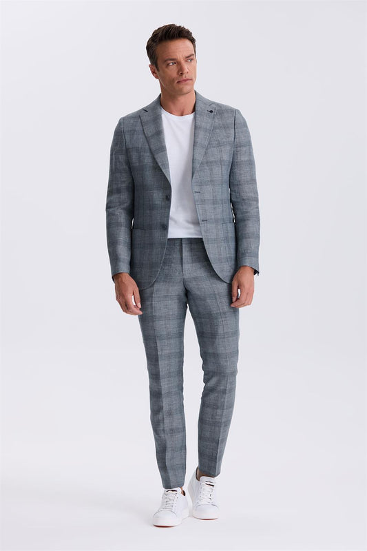 Navy Slim Fit Single Collar Kareli Bag Pocketed 100% Linen Suit With A Wide Collar