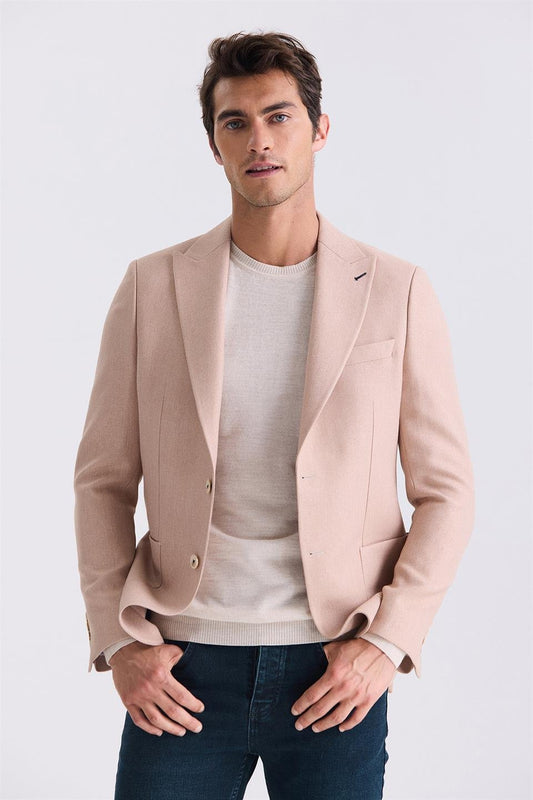Beige Slim Fit Sharp Collar Sports Jacket