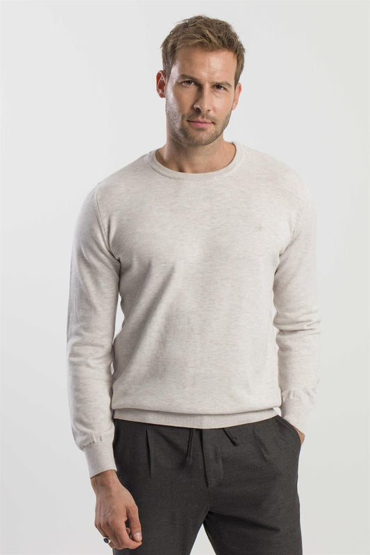 Beige Slim Fit Round Collar Knitted Sweater