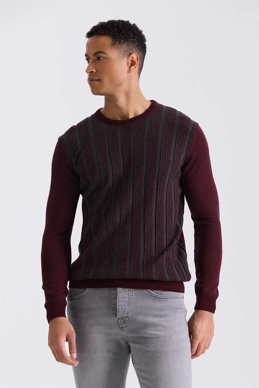 Maroon Slim Fit Round Collar Knitted Sweater With Stripe