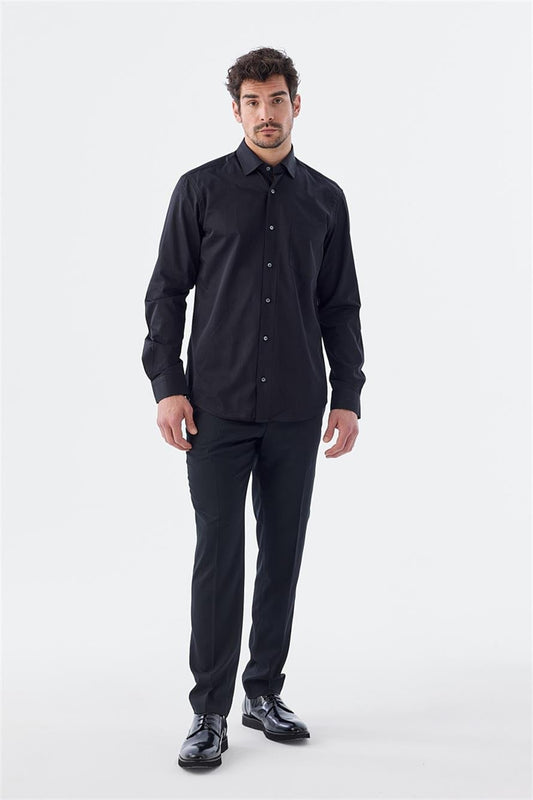 Black Classic Fit Italian Collar Long Sleeve Classic Tie 100% Cotton Satin Shirt