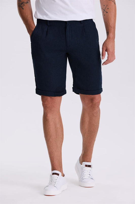 Dark Navy Comfort Fit Linen Comfort Cut Double Sleeve Shorts,