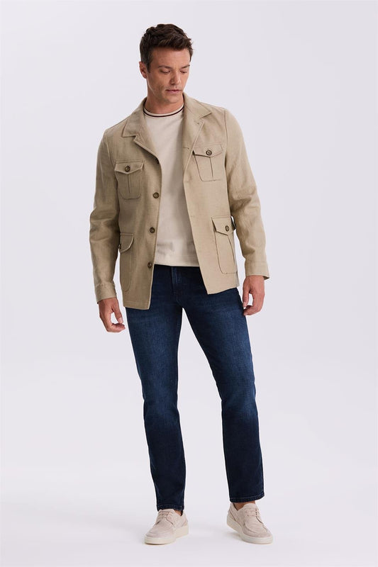 Beige Slim Fit Pocketed Linen Cotton Seasonal Safari Jacket