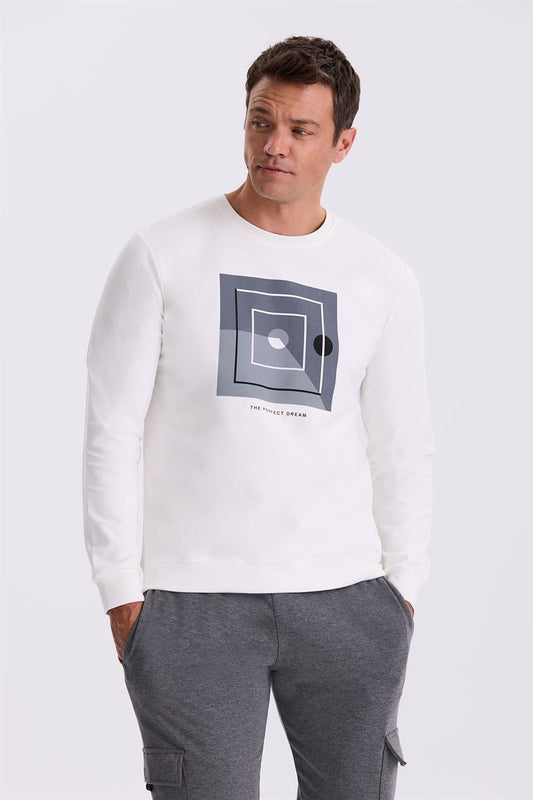 Ecru Slim Fit Round Collar Printed 100% Cotton Sweatshirt