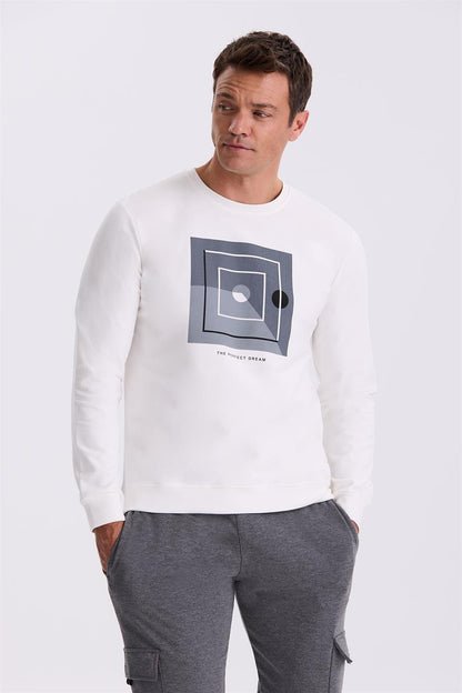 Ecru Slim Fit Round Collar Printed 100% Cotton Sweatshirt