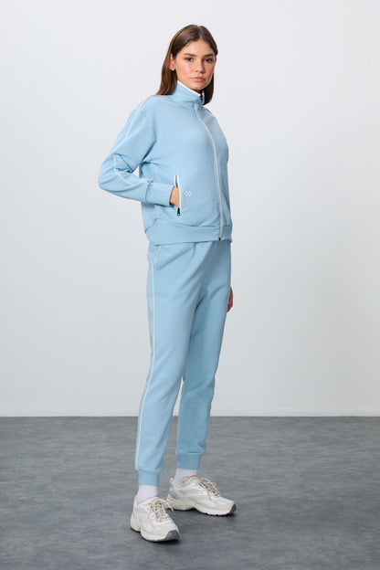 Light Blue Compact Cotton Thick Smooth Textured Stand Collar Oversize Fit Women's Tracksuit Set - 95340