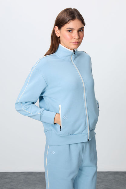Light Blue Compact Cotton Thick Smooth Textured Stand Collar Oversize Fit Women's Tracksuit Set - 95340