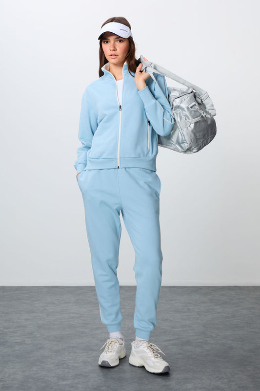 Light Blue Compact Cotton Thick Smooth Textured Stand Collar Oversize Fit Women's Tracksuit Set - 95340