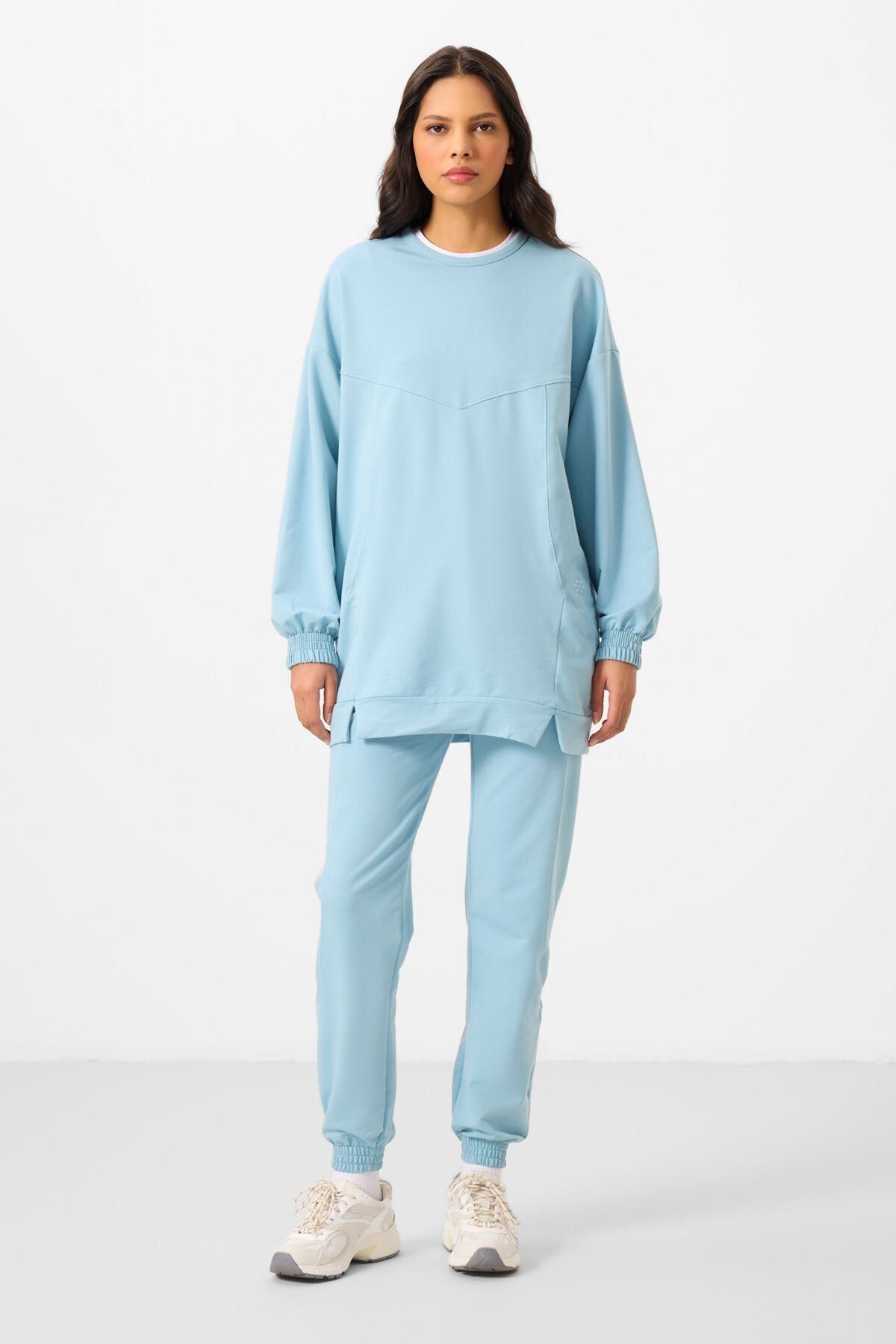 Light Blue O Collar Basic Oversize Women's Tracksuit Tunic Set - 95347
