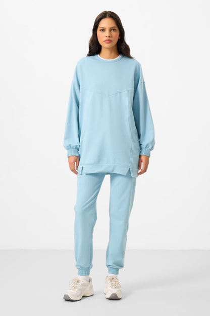 Light Blue O Collar Basic Oversize Women's Tracksuit Tunic Set - 95347