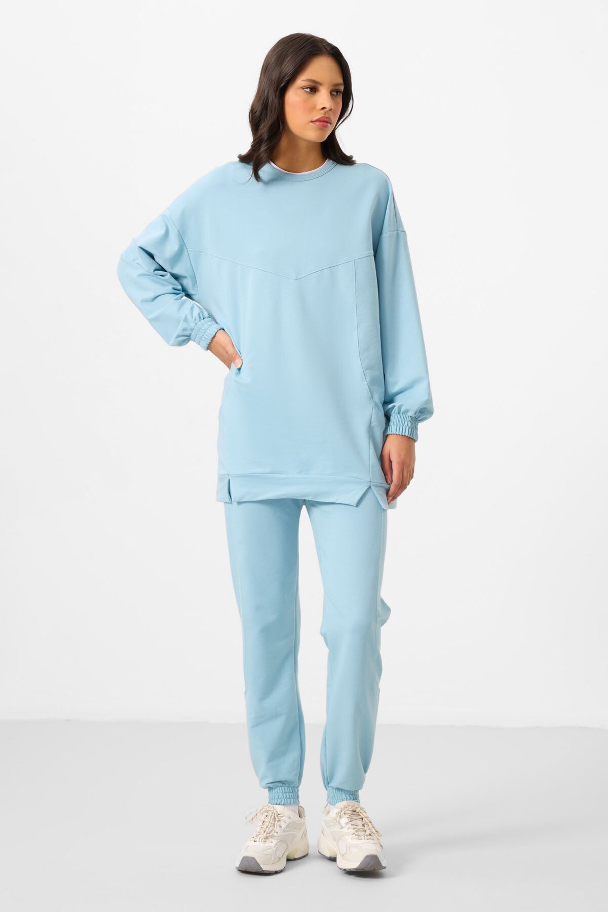 Light Blue O Collar Basic Oversize Women's Tracksuit Tunic Set - 95347