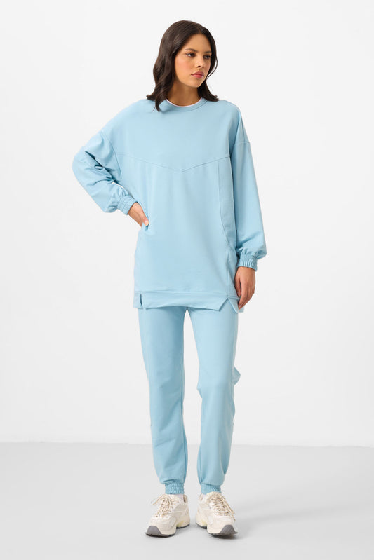 Light Blue O Collar Basic Oversize Women's Tracksuit Tunic Set - 95347