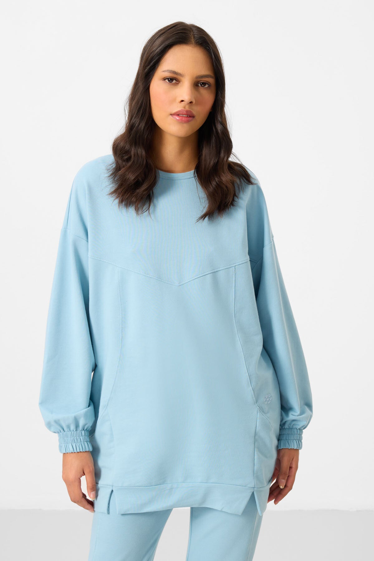 Light Blue O Collar Basic Oversize Women's Tracksuit Tunic Set - 95347