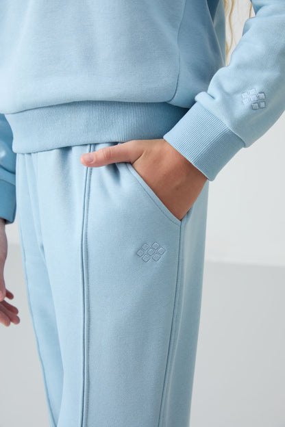 Light Blue Cotton Fleece-Lined Soft Textured Oversize Embroidered Girls' Tracksuit Set - 75145