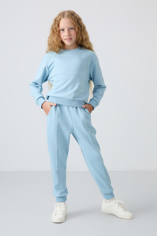 Light Blue Cotton Fleece-Lined Soft Textured Oversize Embroidered Girls' Tracksuit Set - 75145