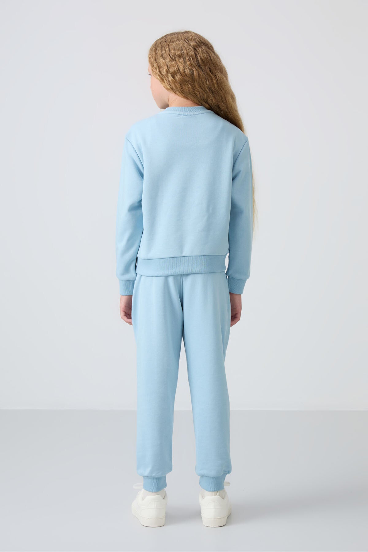 Light Blue Cotton Fleece-Lined Soft Textured Oversize Embroidered Girls' Tracksuit Set - 75145